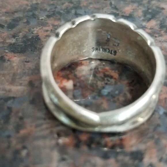 Sterling Silver Ring with Turquoise and Coral Accents.  It Is Signed E and L. - Picture 2 of 3